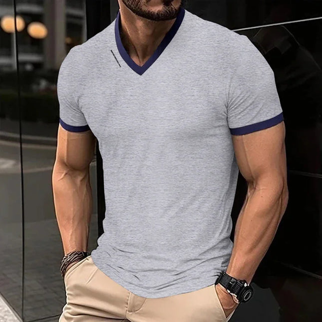 Men's Casual and Fashionable Solid Color V-neck Short-Sleeved T-shirt with Letter Print Summer Versatile and Comfortable Top