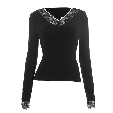 Sexy Lace Trim Long Sleeve T-shirt Solid V Neck Slim Fit Crop Top Fashion Splice Hottie Club Party Top Autumn New Lady Pullover