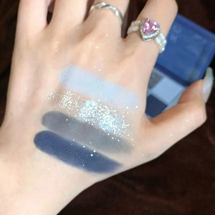 4-Color Glitter Blue Eyeshadow Palette Matte Pearl Shimmer Acrylic Smoky Grey Eye Shadow Palette Long Lasting Makeup Cosmetic
