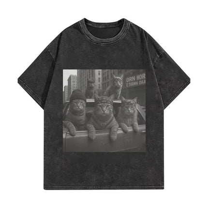 Funny Cat Gang Meme Graphic T Shirts Men's Women's Fashion Vintage Washed T-shirt Summer High Quality Cotton T-shirts