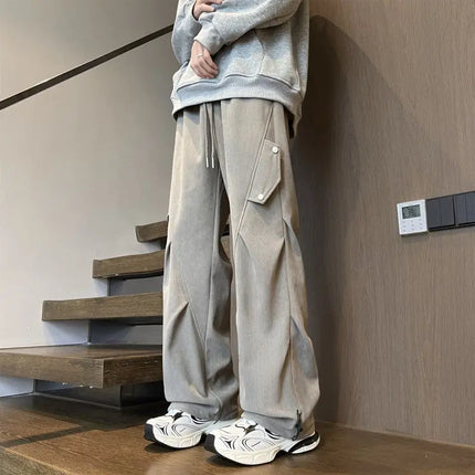 Loose Straight Men’s Cargo Pants Grey Green Wrinkle Effect Corduroy Winter Sporty Joggers Casual High Street Look Outdoor Wear