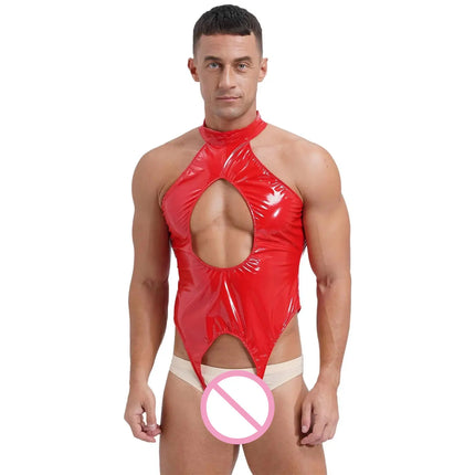 Mens Lingerie Latex Catsuit Wetlook Patent Leather Bodysuit One-piece Tempting Cut Out Crotchless Leotard Bodysuit Underwear