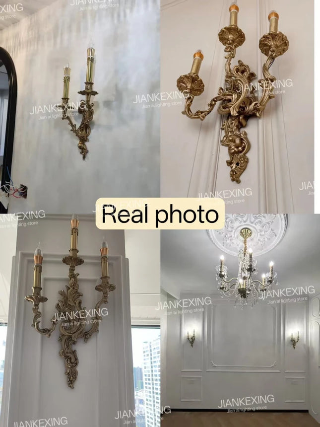 French Retro Wall Lamp Copper Natural Color Romantic Candle Shaped, Livin Room Background Wall Corridor Decora Lighting Fixture