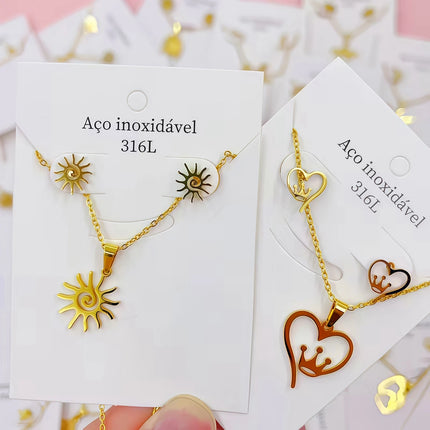 10Sets Fashion Flowers Heart Geometry Stainless Steel Earrings Necklace Set For Women Mix Style Trendy Jewelry Party Gifts