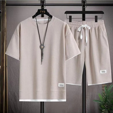 2026 new Summer Men's Waffle Sets Casual T-Shirt And Shorts Set Male Sports Suit Solid Color Tracksuit Loose Suits
