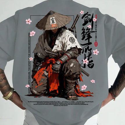 Summer Men's Japanese-style Ink-wash Samurai Pattern Casual Sports Street Style Trendy Short-sleeved T-shirt Soft Breathable