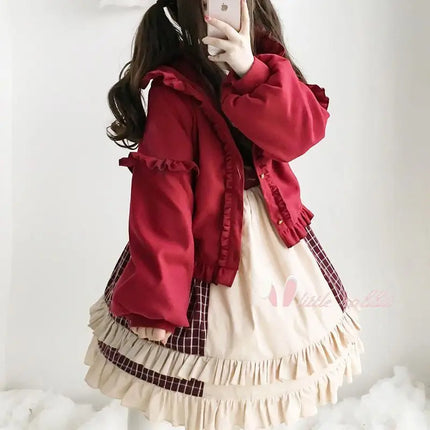 Korean Sweet Kawaii Lolita Fungus Hoodie Cardigans Loose Long Sleeve Sweater Mujer Y2k Street Thicked Warm Woolen Coat Autumn