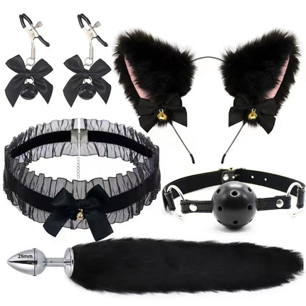 Cute Fox Tail Anal Plug Bow-Knot Soft Cat Ears Headbands Collar Erotic Cosplay Couples Accessories SM Sex Toys for Female Male