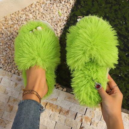 Cross Band Fur Slippers for Women Fluffy Open Toe Shoes Plush Flat Home Fuzzy Floor Slipper Woman Cozy Warm Soft Sole Anti Slip