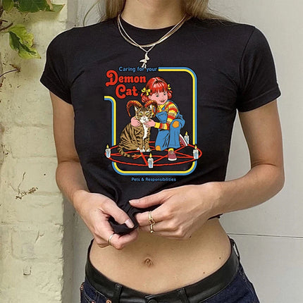 Crop Top Gothic Horror Y2k Aesthetic 90s Satan T Shirt Women Satanism Evil Demon Grim Death Tshirt Female Cropped T-shirt