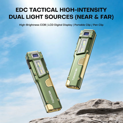 EDC Tactical Flashlight - 2000LM Dual LED, USB-C Rechargeable, COB Side Light with White/Red/UV, LCD Display, Magnetic Clip