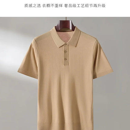 100% Lyocell men's T-shirt casual solid color knitted pullover short sleeved loose POLO collar Tees Pull on vest Tops