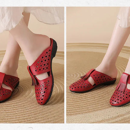 New Women's Breathable Perforated Leather Mules Vintage Tassel Slip on Flats Woman Casual Summer Shoes Hollow Slippers Outdoor