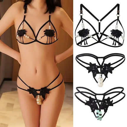 2 Piece Lace Stitching Bra Panties Adult Sexy G-string Underwear Set Open Perspective Embroidered Erotic Bra Porn Daring Briefs