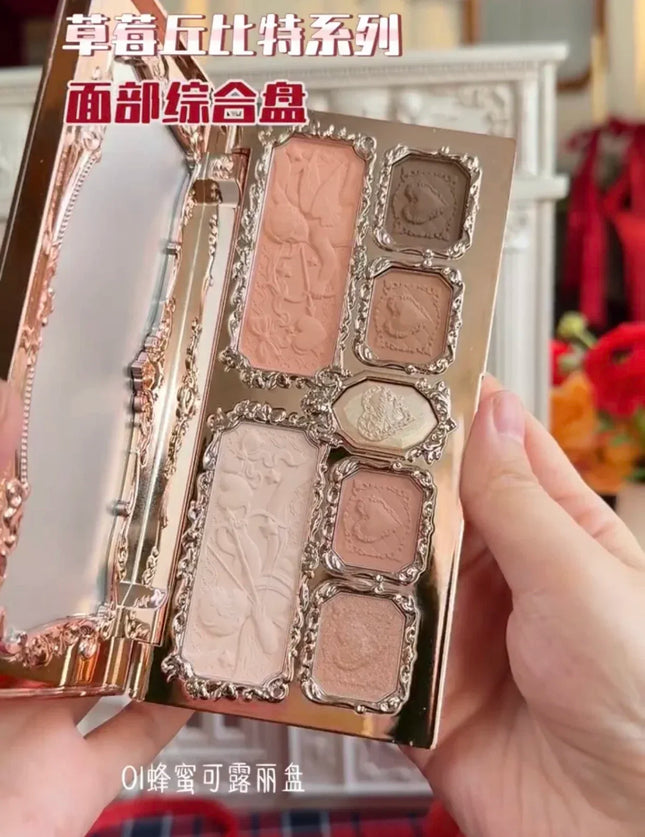 Flower Knows Strawberry Cupid Collection Matte Glitter Shimmer Eyeshadow Face Palette Highlight Blush Makeup Palette