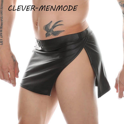 Sexy PU Side Opening Skirt Men's Faux Leather Boxer Shorts Elasticity Fashion Mini Slit Skirt Soft Leather Erotic Lingerie