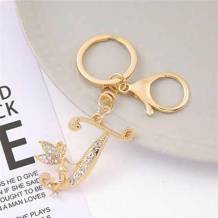 A-Z Rhinestone Elf Girl Letter Keychain Gold Color Initial Name Keyrings Girls Car Key Holder Handbag Purse Charms Decoration