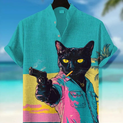 Men's Japanese Retro Art Black Cat Print Shirt Short Sleeve Stand up Collar Single Breasted Casual Linen Top for Vacation