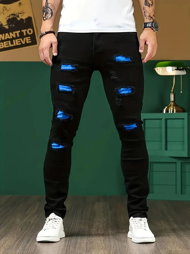 Patchwork Trendy Men's Streetwear Jeans Skinny Elastic Little Feet Straight Denim Trousers Fashion Ripped Slim Pants Male