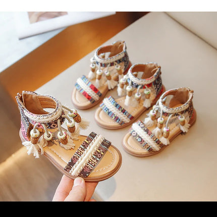 Girls Sandals Ethnic Retro Children Fashion Casual Shoes Tassels 2024 Back Zipper Summer New Sandals Kids Pattern GLADIATOR Cute
