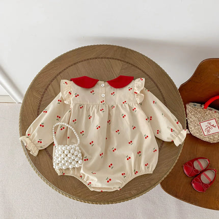 7397 Baby Princess Romper Cherry Printed Longsleeve Cotton Jumpsuit Baby Clothes Infants Outfit