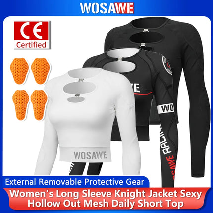 WOSAWE Motorcycle Jacket Women Summer Hollow Mesh Breathable Long Sleeve Motorbike Riding Gear External Removable Pads Short Top