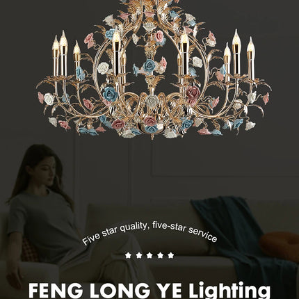 European Floral Design Chandelier Modern Rose Decorative Chandelier Lighting Nordic Living Room Ceramic Flower Chandelier