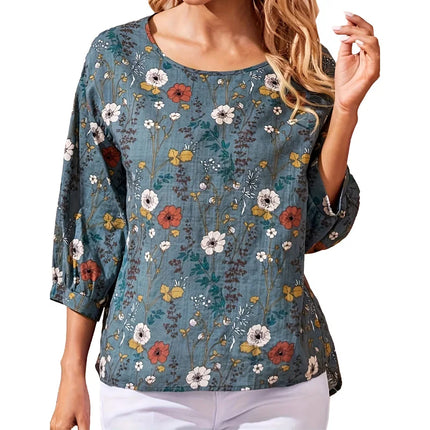 Plus size women's casual shirt, floral print round neck lantern sleeve loose top, women's office casual top
