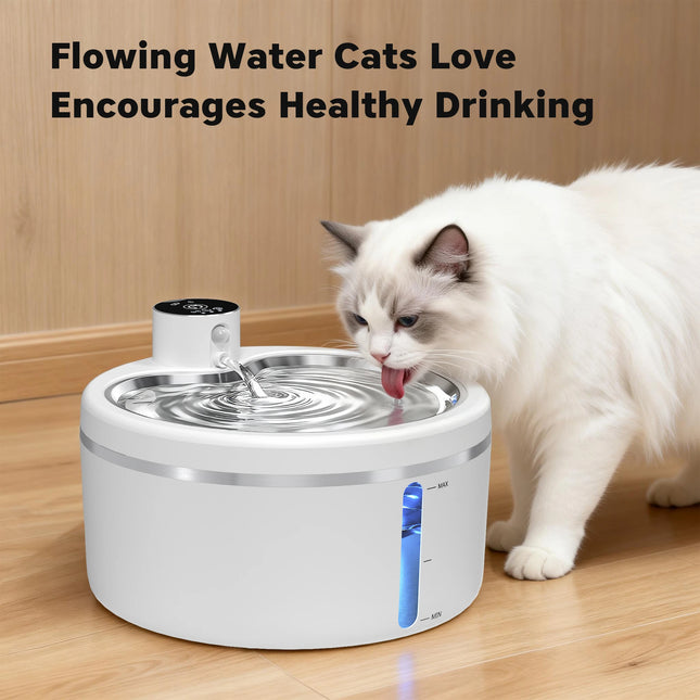 2.5L Cat Water Fountain Automatic Pet Water Purifier With Stainless Steel Tray, Smart Sensor and 4000mAh Rechargeable Batteries