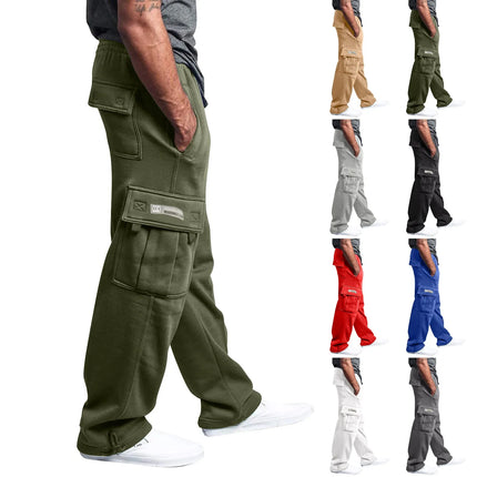 Men's Cargo Pants Rope Loosening Waist Solid Color Pocket Trousers Comfortable Loose Sports Trousers Casual Wide Leg Pants