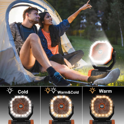 A camping fan powered by a 40000 mAh battery, rechargeable fan, with LED lights, equipped with a remote control and timer