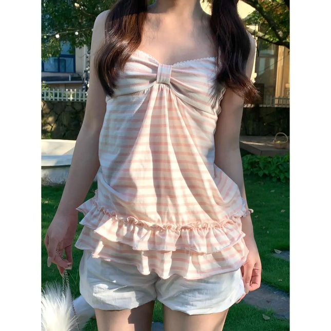 Deeptown Japanese Sweet Camis Women Kawaii Striped Pink Bow Sleeveless Vest Coquette Fashion Cute Summer Slim Up Ruffles Tanks