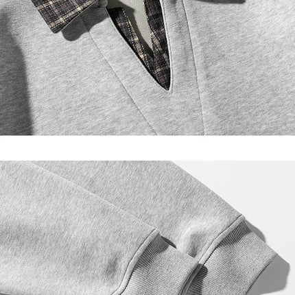 Retro Plaid Polo Neck Sweatshirt for Men and Women Heavyweight Cotton Soft Fake Two-Piece V-Neck Long Sleeve