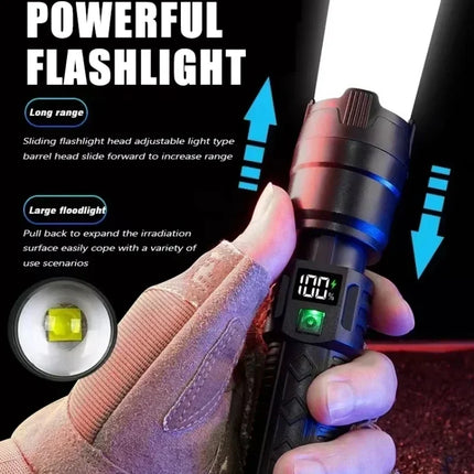 High Strong Power Led Flashlights Bright Tactical Torch with Display Light Rechargeable Camping Fishing Emergency Zoom Lantern