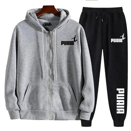 2026New Men 2 Piece Autumn Winter Sportswear Set Trend Printed Zipper Hooded Sweatshirt Pants Daily Casual Wear
