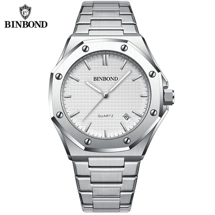 BINBOND Men's Watch Top Brand Royal Casual Men Big Dial Silver Stainless Steel Calendar Quartz Wristwatch Classic Luminous B0233