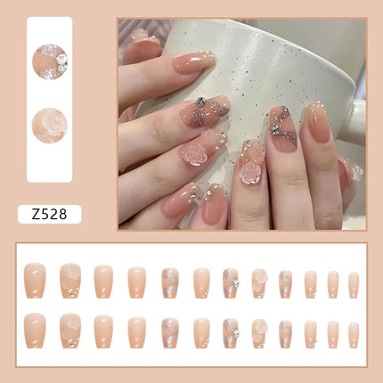 Sparkling Diamond 24 Pcs Press on Nails Pink Nail polish Glossy Artificial Finger Manicure Reusable False Nails