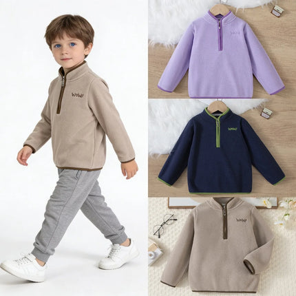 Kids' Navy/Khaki/Purple Half-Zip Fleece Sweatshirt - Boys & Girls Autumn Winter Stand-Collar Warm Top, Embroidered Contrast Trim
