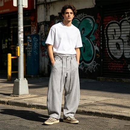 Men's Grey Wide Leg Sweat Pants Casual Drawstring Waist Baggy Curved Sweatpants Streetwear Vintage Barrel Pants Oversized
