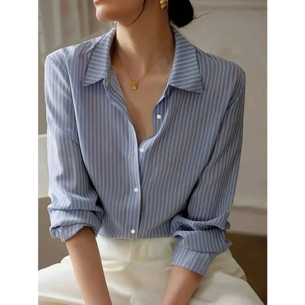 Plus Size 1XL-5XL New Women's Striped Shirt Long Sleeve Blue Shirt Autumn Gentle Chiffon Shirt Top