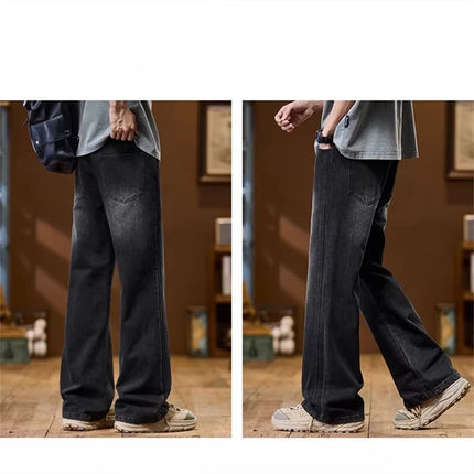 Spring Straight-Leg Loose-Fit American Vintage-Style Denim Trousers: Men's Casual High-Street Washed Wide-Leg Pants