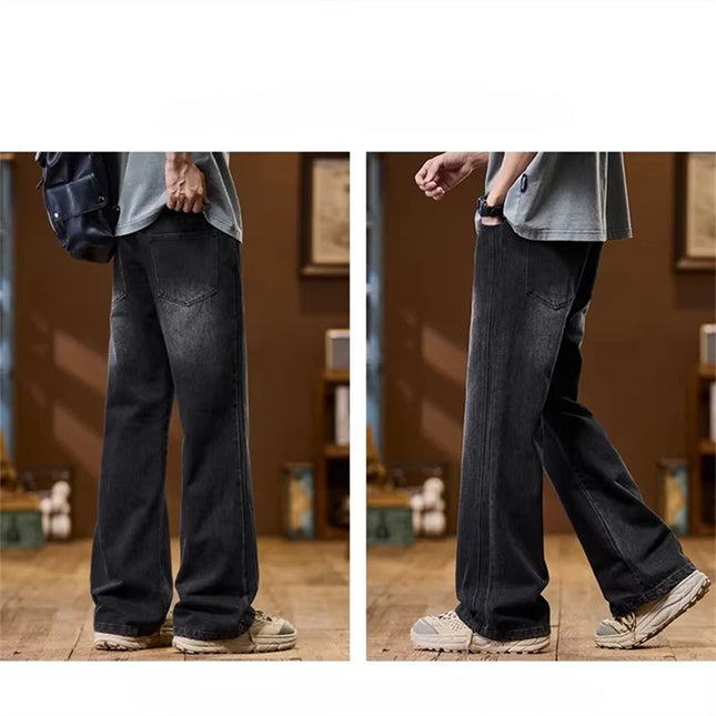 Spring Straight-Leg Loose-Fit American Vintage-Style Denim Trousers: Men's Casual High-Street Washed Wide-Leg Pants
