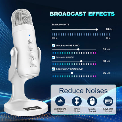 Haomuren Professional White USB Condenser Microphone Studio Recording Mic for PC Computer Phone Gaming Streaming Podcast Youtube