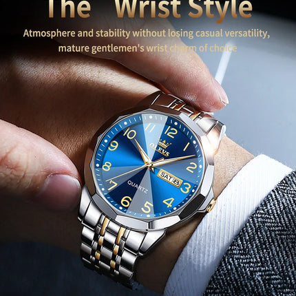 OLEVS Original Luxury Brand Watch for Men Waterproof Silver Stainless Steel Classic Casual Quartz Wristwatch Date Week Man Gift