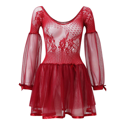 Women Sexy Lace Short Dress Mesh Hollow Out Long Sleeve Dress Sexy Lingerie For Women Erotic Costumes Transparent Babydoll Dress