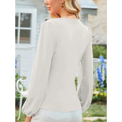 Plus Size 1XL-5XL Women's Fashionable V-neck Pleated Elegant Blouse Shirt Ladies Casual Long Sleeved Comfortable Shirt