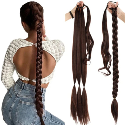Long Braided Ponytail with Elastic Hair Tie 30 Inch DIY Box Braiding Ponytail Extension Synthetic Braids Fake Tail for Women