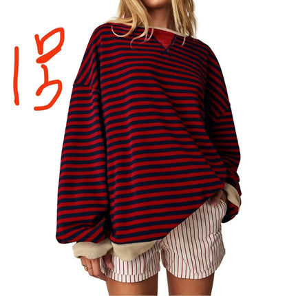 Casual Embroidered Striped Splicing Long Sleeve Crew Neck Pullover Hoodie Women's Clothing Comfortable Breathable Streetwear