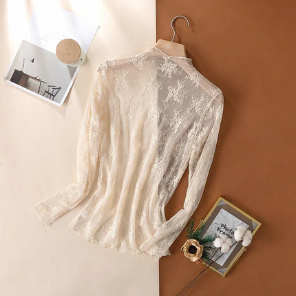 Trendy Sexy Women Mesh T-Shirts Transparent Lace Blouse Long Sleeve See Through Tops for Women O Neck Sheer Tees Body Crop Top