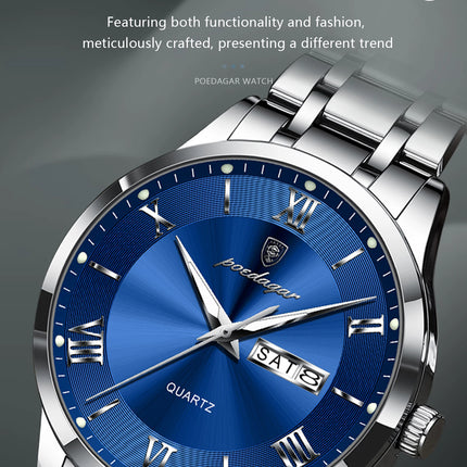 POEDAGAR Luxury Man Clock Waterproof Luminous Week Date Fashion Men's Wristwatch Stainless Steel Business Quartz Watches For Men